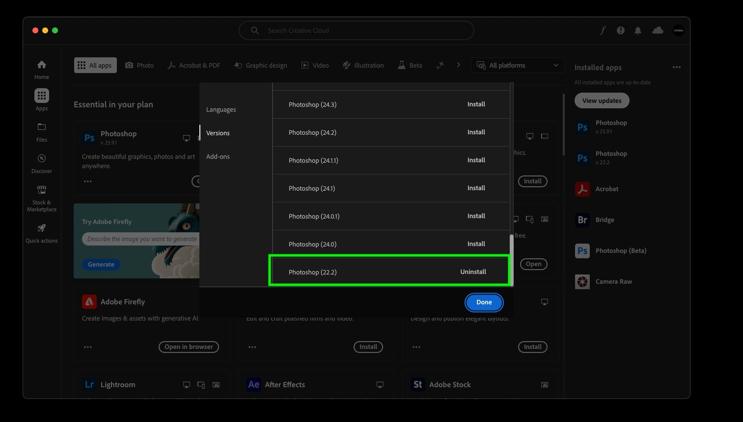 Photoshop version list in Creative Cloud showing version 22.2 with 3D features support for installation